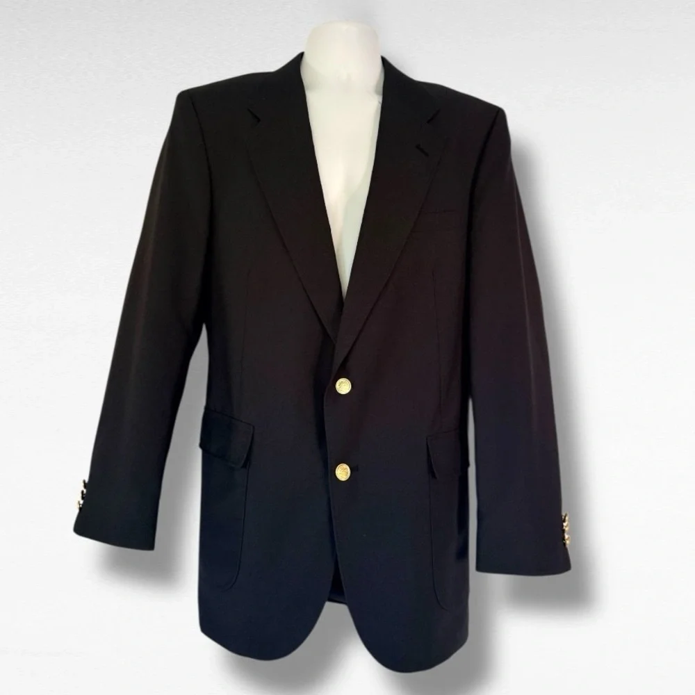 David Taylor Mens 42L Black Blazer Sport Coat Gold Buttons Classic Fit